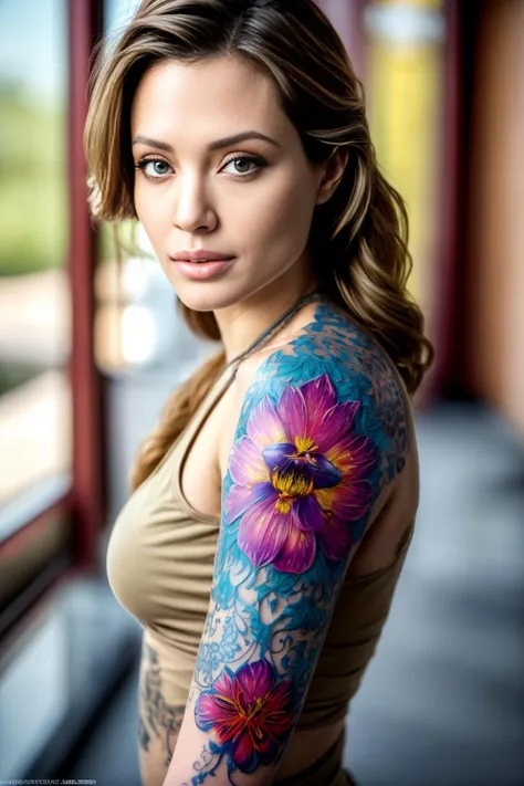 <lora:sleeve_tattoo_v2:0.7> fullsleevetattoo, stattoo
Masterpiece, best quality, (highly detailed raw photo:1. 2), 8k render in octane, volumetric lighting, volumetric shadows  <lora:more_details:0.7>
1girl, Angelina Jolie, light blue eyes