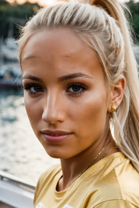 RAW, real photo portrait, sbs, on a boat, (wearing a gold t-shirt), pretty face, insanely detailed eyes, light blonde hair, high ponytail, bokeh, natural light, depth of field, golden hour, sharp focus,<lyco:SashaBanks-RealVision-V1.0:1.0>,