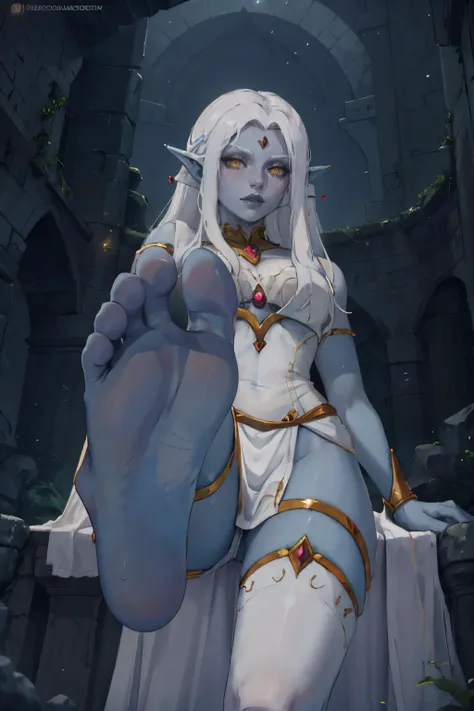 masterpiece,best quality,1girl,ppgzmmk,footstomp,barefoot,(sweaty feet:1.1),foot focus,(soles:1.1),toes,foreshortening,view from below soft detailed skin,luscious skin,volumetric lighting,Azshara,elf ears,long ears,white hair,long hair,long brows,colored skin,blue skin,grey skin,yellow eyes,
