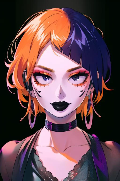(masterpiece), (high res), 4k, ((best quality)), beautiful face, detailed face, ultra-detailed, portrait, (((head shot, face focus, close up face shot)), open eyes, (looking at viewer, facing viewer)), 1girl, solo, (black background), hoop earrings, female, tattoo, BREAK, wide smile, black lips, parted lips, pale skin, makeup, large intricate hair accessories,( <lora:KyokaJirou:.8> Jirou, earphone jacks, (orange hair), smug, goth, smug, goth, choker), gradient hair, thick lips, big lips,(<lora:ColoredLipstick:1> (lipstick, matte lips, black lipstick)), <lora:fakelips_1:1> lip filler, eyeshadow, eyeliner, eyeshadow, <lora:horikoshi_kouhei-000030:.5> horikoshi kouhei, <lora:Katrina Makeup ReTRaiNeD_v3:.8> ktrmkp face paint, ktrmkp makeup