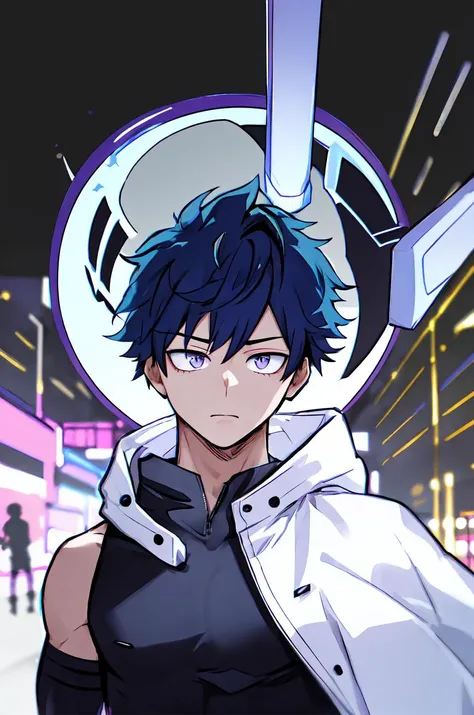horikoshi kouhei, 1boy, absurdres, purple eyes, black tank top, dark blue hair, blurry, blurry background, boku no hero academia, chama kou, highres, looking away, male focus, fluffy neck hood, futuristic jacket ,male, closed mouth, short hair, smooth hair,
<lora:horikoshi_kouhei-000030:0.5>