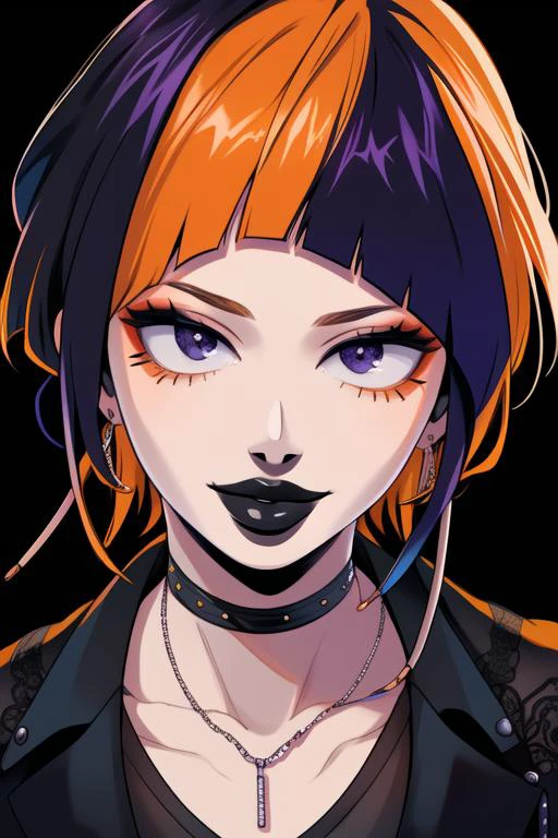 (masterpiece), (high res), 4k, ((best quality)), beautiful face, detailed face, ultra-detailed, portrait, (((head shot, face focus, close up face shot)), open eyes, (looking at viewer, facing viewer)), 1girl, solo, (black background), hoop earrings, female, tattoo, BREAK, wide smile, black lips, parted lips, pale skin, makeup, large intricate hair accessories,( <lora:KyokaJirou:.8> Jirou, earphone jacks, (orange hair), smug, goth, smug, goth, choker), gradient hair, thick lips, big lips,(<lora:ColoredLipstick:1> (lipstick, matte lips, black lipstick)), <lora:fakelips_1:1> lip filler, eyeshadow, eyeliner, eyeshadow, <lora:horikoshi_kouhei-000030:.5> horikoshi kouhei,