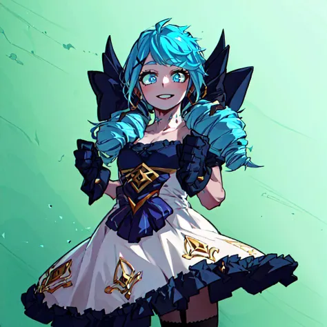 horikoshi kouhei, masterpiece, best quality, highres, gwen \(league of legends\) 1girl,blue eyes,1girl, red eyes, gwen (League of legends), black bow, black gloves, (Ultra detailed hands:1.4), black legwear, (blue hair:1.4), bow, collarbone, dress, drill hair, frilled dress, frills, gloves, hair ornament, highres, parted lips, looking at viewer, league of legends, long hair, puffy sleeves, pink pupils, smile, battle position, solo, white dress, x, x hair ornament  <lora:gwenFromLeagueOf_gwenLolV1:1> <lora:myHeroAcademiaHorikoshi_v1:1>