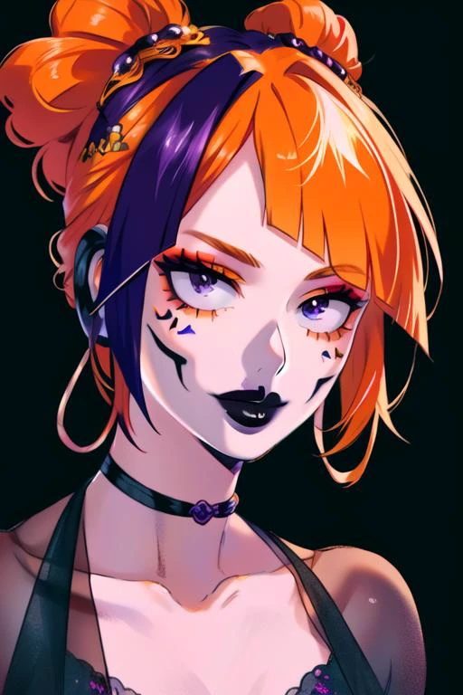 (masterpiece), (high res), 4k, ((best quality)), beautiful face, detailed face, ultra-detailed, portrait, (((head shot, face focus, close up face shot)), open eyes, (looking at viewer, facing viewer)), 1girl, solo, (black background), hoop earrings, female, tattoo, BREAK, wide smile, black lips, parted lips, pale skin, makeup, large intricate hair accessories,( <lora:KyokaJirou:.8> Jirou, earphone jacks, (orange hair), smug, goth, smug, goth, choker), gradient hair, thick lips, big lips,(<lora:ColoredLipstick:1> (lipstick, matte lips, black lipstick)), <lora:fakelips_1:1> lip filler, eyeshadow, eyeliner, eyeshadow, <lora:horikoshi_kouhei-000030:.5> horikoshi kouhei, <lora:Katrina Makeup ReTRaiNeD_v3:.8> ktrmkp face paint, ktrmkp makeup