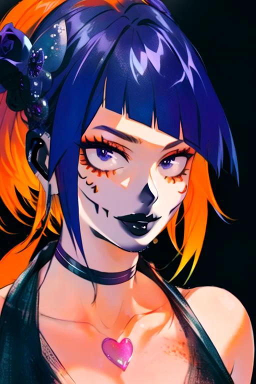 (masterpiece), (high res), 4k, ((best quality)), beautiful face, detailed face, ultra-detailed, portrait, (((head shot, face focus, close up face shot)), open eyes, (looking at viewer, facing viewer)), 1girl, solo, (black background), hoop earrings, female, tattoo, BREAK, wide smile, black lips, parted lips, pale skin, makeup, large intricate hair accessories,( <lora:KyokaJirou:.8> Jirou, earphone jacks, (orange hair), smug, goth, smug, goth, choker), gradient hair, thick lips, big lips,(<lora:ColoredLipstick:1> (lipstick, matte lips, black lipstick)), <lora:fakelips_1:1> lip filler, eyeshadow, eyeliner, eyeshadow, <lora:horikoshi_kouhei-000030:.5> horikoshi kouhei, <lora:Katrina Makeup ReTRaiNeD_v3:1> ktrmkp face paint, ktrmkp makeup