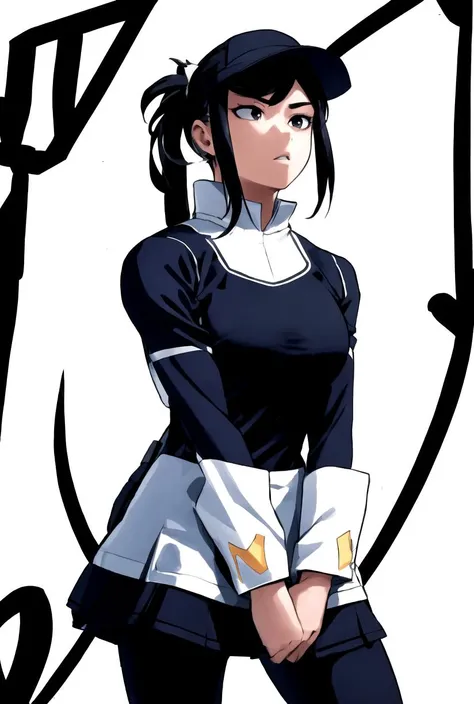 (masterpiece, best quality), volumetric lighting, 1girl,  <lora:tennis_dress-1.0:1>,  <lora:horikoshi_kouhei-000030:0.6>, tennis dress, (simple background, white background:1.2), black hair, parted bangs, spiky hair, long hair, black eyes, parted lips, serious eyes, black outfit, black leggings, fit, muscular arms:0.3, crossed arms, black sleeves, visor cap, hair tied back, adult, long sleeves, tall, shaded face, muscular thighs:0.5