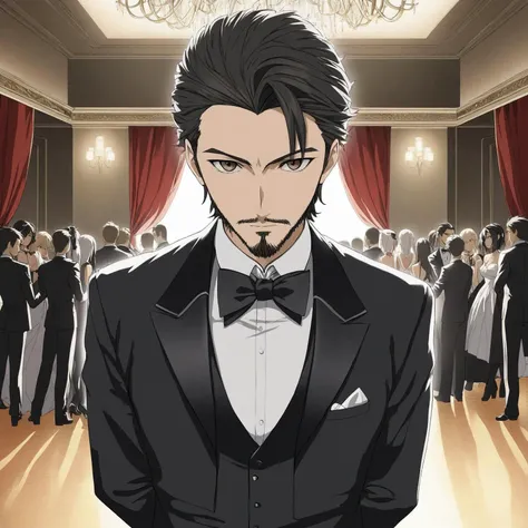 White in a black tuxedo, long black hair, stern facial expression, big dark brown eyes, hair parted down middle, (short beard:1.1), normal hands, ballroom background, masterpiece, HDRI, 8K (art by Kohei Horikoshi:1.3)