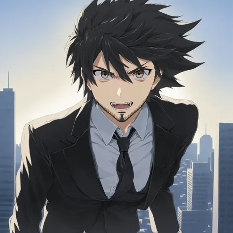 (by Kohei Horikoshi:1.2), solo white man, city skyline background, ferocious expression, long black hair, hair parted in middle, (short beard:1.2), big eyes, dark brown eyes, black tuxedo, masterpiece