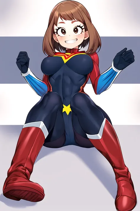 horikoshi kouhei, 1girl, uraraka ochako, dc comics wonder woman, powerful, absurdres, bangs, black bodysuit, blush, bodysuit, boku no hero academia, boots, breasts, brown eyes, brown hair, clenched hands, commentary request, eyelashes, full body, grin, highres, looking down, medium breasts, medium hair, skin tight, smile, solo, teeth, white footwear
<lora:horikoshi_kouhei-000030:0.5>