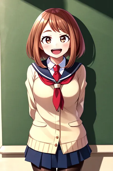 horikoshi kouhei, 1girl, :d, absurdres, arms behind back, bangs, blush, boku no hero academia, breasts, brown eyes, brown hair, fengling (furin-jp), highres, looking at viewer, medium breasts, open mouth, pantyhose, school uniform, short hair, sidelocks, smile, solo, standing, u.a. school uniform, uraraka ochako
<lora:horikoshi_kouhei-000030:0.5>