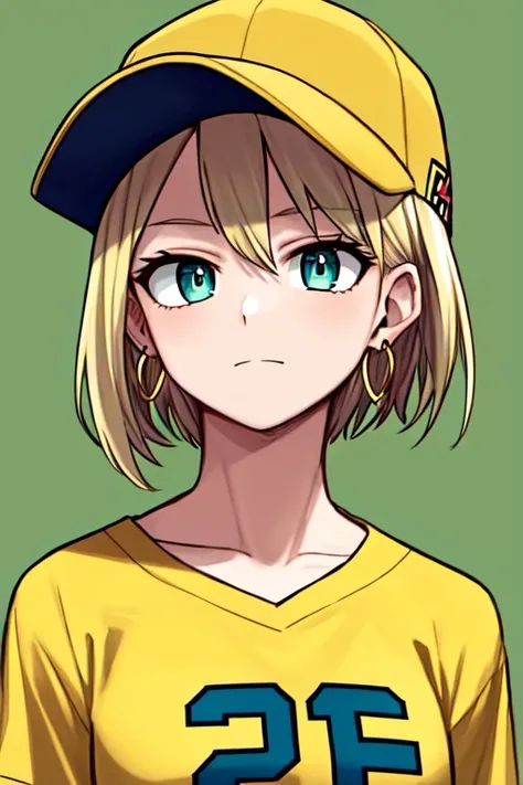 horikoshi kouhei, masterpiece, best quality, 1girl, aqua eyes, baseball cap, blonde hair, closed mouth, earrings, green background, hat, hoop earrings, jewelry, looking at viewer, shirt, short hair, simple background, solo, upper body, yellow shirt <lora:horikoshi_kouhei-000030:0.5>