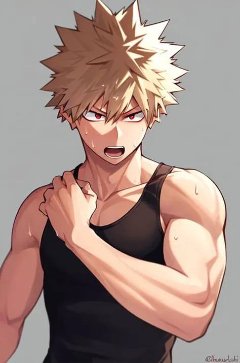 horikoshi kouhei, 1boy, absurdres, bakugou katsuki, bare shoulders, black tank top, blonde hair, blurry, blurry background, boku no hero academia, chama kou, highres, looking away, male focus, muscular, muscular male, open mouth, red eyes, short hair, spiked hair, sweat, tank top, twitter username, wiping sweat,

<lora:horikoshi_kouhei-000030:0.5>