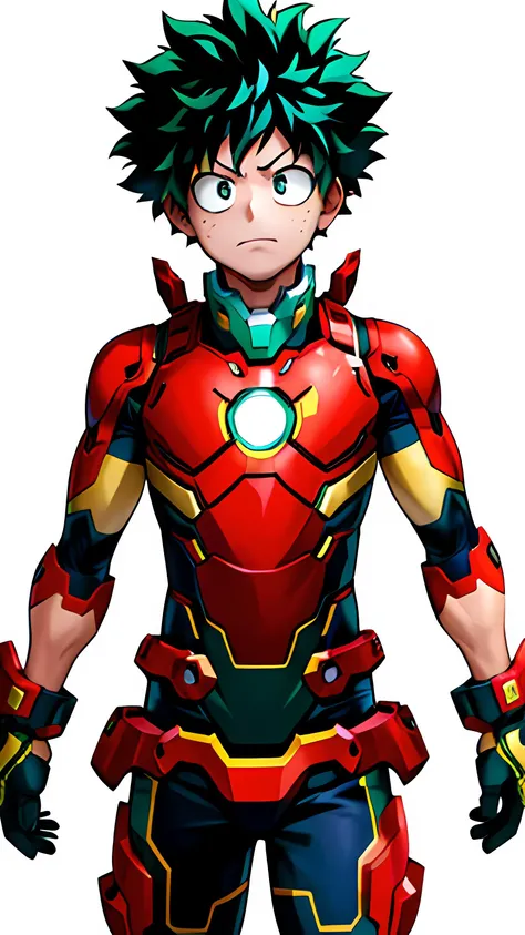 1boy, masterpiece, best quality, horikoshi kouhei, midoriya izuku, ironman suit, boku no hero academia, curly hair, green eyes, green hair, gloves, eyebrows, freckles, furrowed brow, official art, pale skin, serious, short hair <lora:horikoshi_kouhei-000030:0.5>