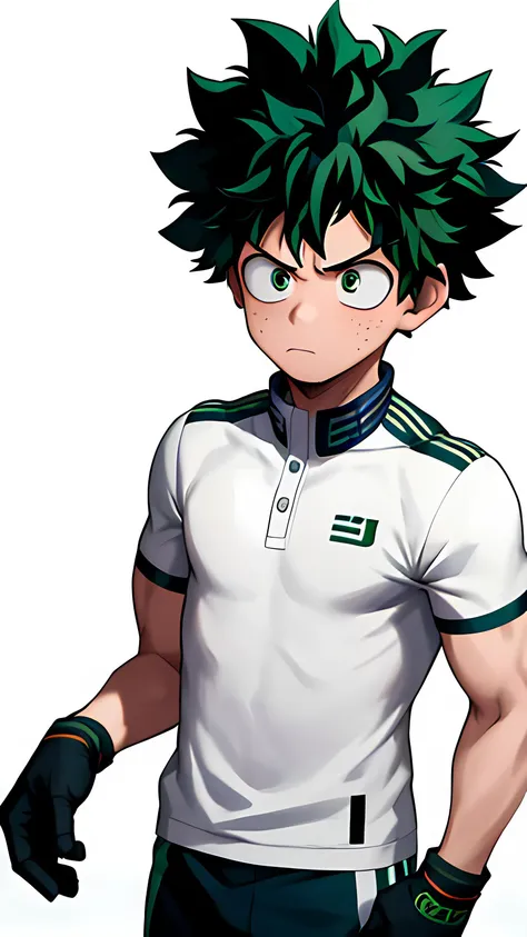 1boy, masterpiece, best quality, horikoshi kouhei, midoriya izuku, gym uniform, boku no hero academia, curly hair, green eyes, green hair, gloves, eyebrows, freckles, furrowed brow, official art, pale skin, serious, short hair, blurry, blurry background, highres, looking away, male focus <lora:horikoshi_kouhei-000030:0.5>