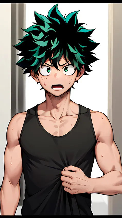 horikoshi kouhei, 1boy, absurdres, midoriya izuku, bare shoulders, black tank top, green hair, green eyes, eyebrows, freckles, furrowed brow, blurry, blurry background, boku no hero academia, curly hair, highres, looking away, male focus, muscular, muscular male, open mouth, red eyes, short hair, spiked hair, sweat, tank top, twitter username, wiping sweat, <lora:horikoshi_kouhei-000030:0.5>