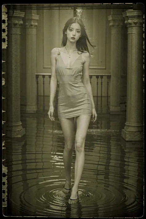 abandoned ruins,Sexy standing pose,full-body portraits(1:1),18 years old girls,Slender and slender figure,Skinny,As thin as a whipping post,Smaller bust,The barefoot,Random nudity all over the body,exhibitionists,Random exposure of genitals,face to the viewer