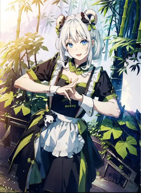 <lora:panda lolita:0.8>,panda lolita,1girl, smile,white hair,close mouth,looking at viewer,outdoors,Bamboo forest, butterfly,(masterpiece:1,2), best quality, masterpiece, highres, original, extremely detailed wallpaper, perfect lighting,(extremely detailed CG:1.2), drawing, paintbrush