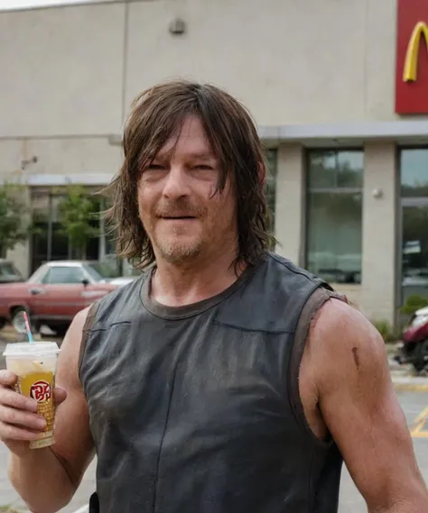 portrait,upper_body,TWDDaryl outside of McDonalds restaurant,laughing,high detailed defined skin pores,high quality photography,cinematic composition,film grain,mirrorless camera,4k textures,4k resolution,The Walking Dead,<lora:TWDDDBike:1>,from_below,