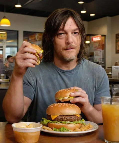 cinematic head and shoulder portrait,TWDDaryl inside a McDonalds restaurant holding a cheeseburger in both hands,happy,detailed irises and pupils,high detailed defined skin pores,high quality photography,cinematic composition,film grain,mirrorless camera,4k textures,4k resolution,The Walking Dead,<lora:TWDDDBike:1>,<lora:add-detail-xl:1.5>,