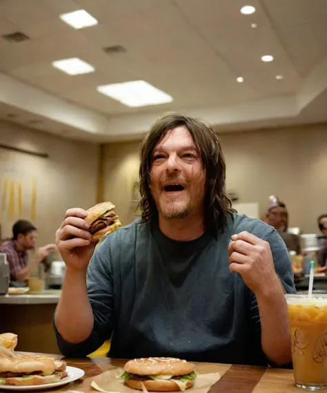 portrait,upper_body,TWDDaryl inside a McDonalds restaurant holding a cheeseburger in both hands,laughing,from_below,high detailed defined skin pores,high quality photography,cinematic composition,film grain,mirrorless camera,4k textures,4k resolution,The Walking Dead,<lora:TWDDDBike:1>,