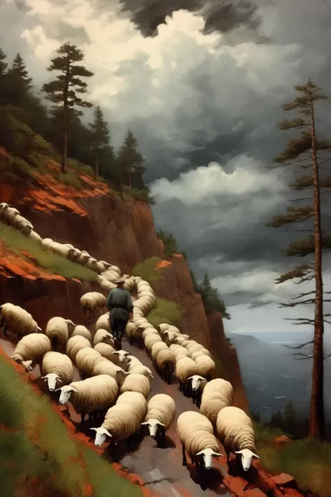 <lora:Winslow Homer Style:1>Winslow Homer Style - a man is walking his sheeps on a dangerous winding road around the cliff. Full of pine trees. Dramatic Cloud. Painted