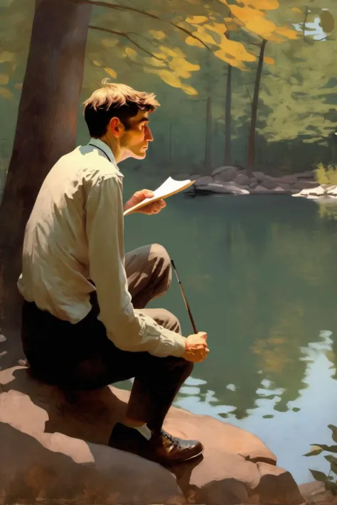 <lora:Winslow Homer Style:1>Winslow Homer Style - A youthful Thoreau sitting by Walden Pond, listening to the wisdom of an old man yet with a rebellious spark in his eyes, as an irresistible inner voice urges him to reject conventional wisdom and follow his own pat