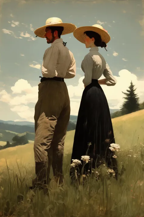 <lora:Winslow Homer Style:1>Winslow Homer Style - Adjust the image to depict two figures, a male and a female. Both should be around 1.68 meters tall with black hair. They stand in a meadow on a hillside, a sight reminiscent of a Swiss grassland. From a distance, I observe them. The woman has a straw hat on. She is my closest friend and my lover. On this day, the sky is incredibly clear and the breeze is mild.