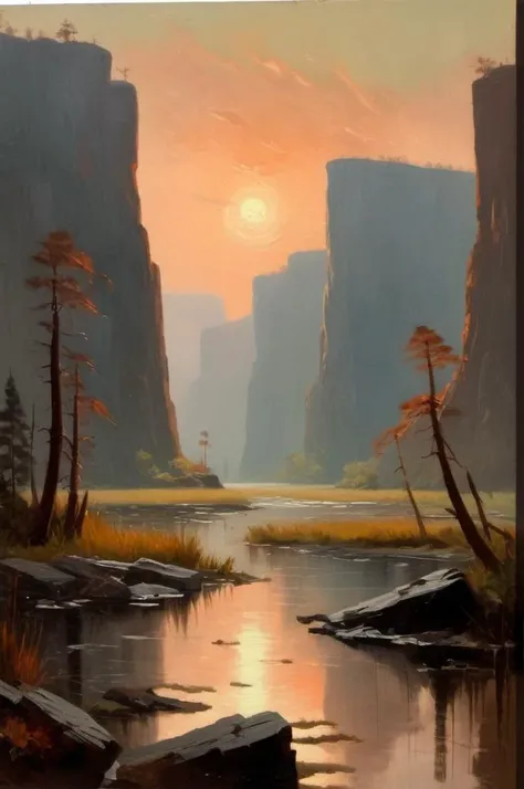 <lora:Winslow Homer Style:1> Winslow Homer Style, oil painting,   swamp valley surrounded by high rocky cliffs, dawn,