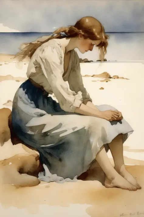 A naked girl, castaway, background a beach, oil painting, blond, squat
