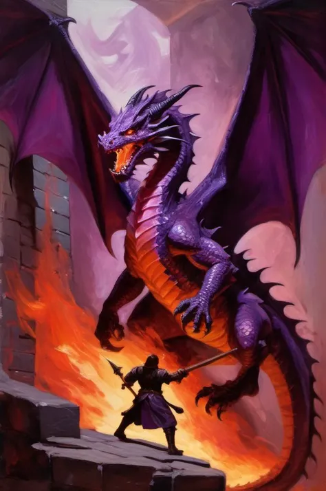 <lora:Winslow Homer Style:1> Winslow Homer Style, oil painting, a purple fire dragon in a dungeon, badass, action pose, detailed background, Dungeons and Dragons,