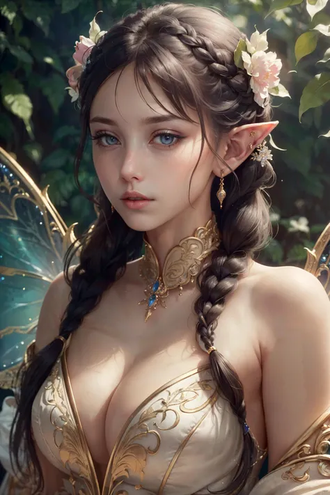 <(masterpiece, realistic:1.3), (extremely intricate:1.2)>, (photorealistic:1.4), (extremely delicate), (ultra realistic:1.3), (award-winning photography), (arrogant_face, side_braid, random angle, random view), hyperrealistic photography, extremely detailed CG unity 8k wallpaper, HDR, RAW photo, dslr,
fabulously beautiful fairy elf, luminous wings, cute, 8k, ((masterpiece)), (best quality), (detailed), Beautiful, big, lovely eyes, Beautiful, goddess, nature girl, queen, Hyper realistic, HD, cards,
(photographed on a Canon EOS R8, 50mm, F1.2, (3/4 body:1.2), dramatic, vibrant),
<lora:phoenixdress_v10:0.5:clothing>