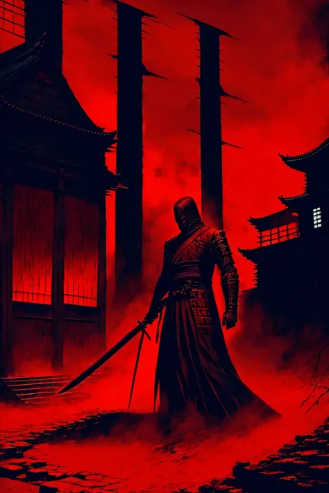 best quality, masterpiece, (photorealistic:1.4), a demon with a sword standing in front of a building, red banners, sekiro, voodoo, dark sword, style of nosferatu, demon ninja, samurai outfit, death and corruption, <lora:Moommst-02:1>
