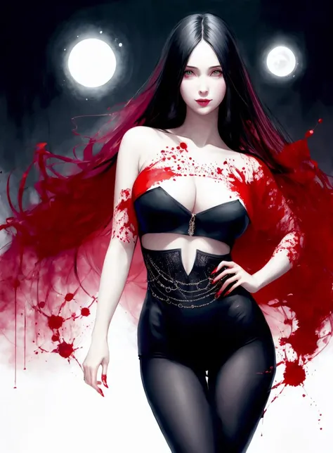 Afrafed, dark fantasy art, goth art, a beautiful female vampire wearing a (blood stained white evening dress: 1.5), an extremely beautiful female vampire, ultra detailed face, black hair, long hair, wavy hair, red lips, glowing red eyes, visible vampiric fangs, she wears a ((white evening dress: 1.5)), elegant, intricate detailed dress, small cleavage, ((dress is decorated with gems: 1.4)), she wears knee high heels boots, there are stains of blood on the upper [art of the dress, dynamic background