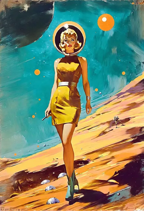 rough oil painting, photoshop oil paint brushes BREAK old pulp scifi poster, retro futuristic barren, cratered moonscape,girl in a torn dress<lora:EnvyPulpScifiXL:1:1:lbw=ALL><lora:EnvyRoughOilXL02:1>