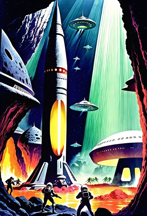 old pulp scifi poster, retro futuristic starship battle,alien zoo, in a Lava Tube Systems<lora:EnvyPulpScifiXL:1.4:1.4:lbw=ALL>