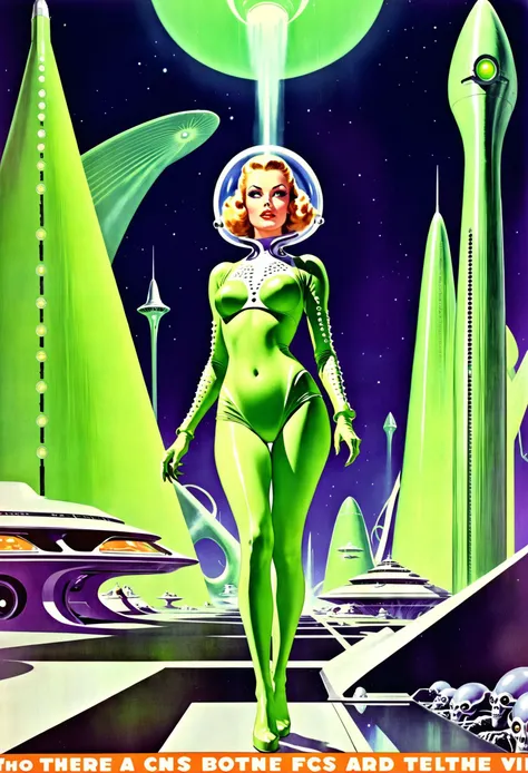 old pulp scifi poster, retro futuristic bone wastes,green alien femme fatale<lora:EnvyPulpScifiXL:1.4:1.4:lbw=ALL>