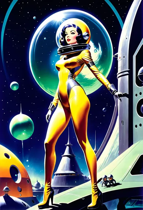 old pulp scifi poster, retro futuristic girl in a sexy space suit,mysterious artifact,alien fortress<lora:EnvyPulpScifiXL:1.4:1.4:lbw=ALL>