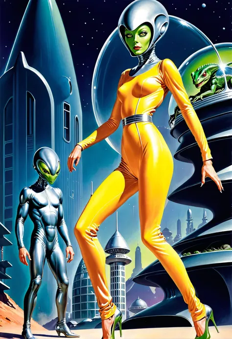 old pulp scifi posterretro futuristic silver jumpsuit,reptilian alien,alien city<lora:EnvyPulpScifiXL:1.4:1.4:lbw=ALL>