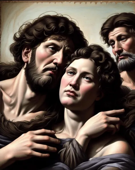 old beard Angel, <lora:greek_mythology_style_v2:0.7> ,short hair, fine art parody, realistic, brown hair, parody, long hair, faux traditional media, wood
