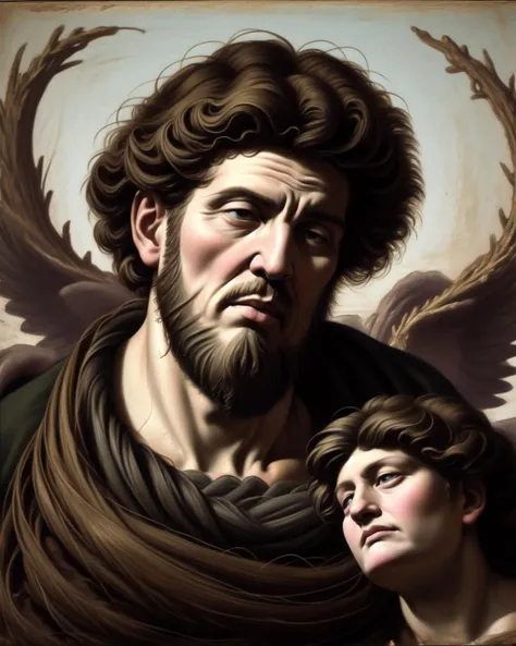 old beard Angel, <lora:greek_mythology_style_v2:0.7> ,short hair, fine art parody, realistic, brown hair, parody, long hair, faux traditional media, wood