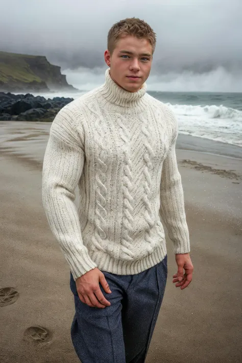 professional photo of cfconnor <lora:CFConnor:0.8> walking alongside an Icelandic beach, wearing a well-fitted wool knitted white sweater with a turtleneck and trousers, sandy beach, footprints in the sand, waves crashing, ocean in the background, foggy weather, gloomy sky, looking to the side, focused expression, clean modern aesthetic, shot by Annie Liebovitz