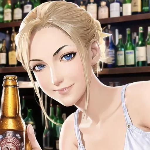 a photo of elnafshr <lora:Elena_Fisher:0.8> 1girl perfect body perfect face wearing a summer dress, hanging at a bar, bottle of beer 2d, masterpiece, best quality, anime, highly detailed face, highly detailed background, perfect lighting,