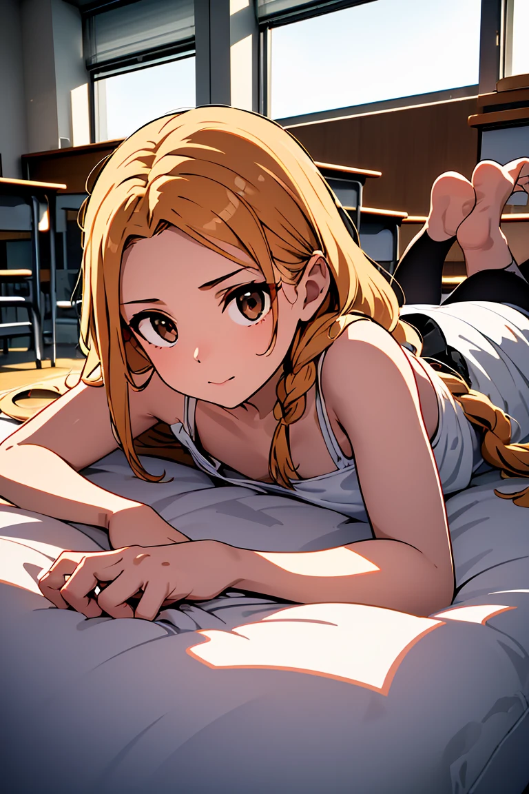 (masterpiece, best quality), female fifty-something, petite, latin american, hazel eyes, u-shaped chin, defined jaw, round cheeks, broad forehead, long face shape, defined jawline, , green fishtail braid hair, astonishment wearing boho maxi dress, wrap-around top, mary jane shoes, , lying on stomach, lying on the stomach with a captivating gaze, evoking vulnerability and allure, neon lighting, vibrant, colorful lights adding a modern and edgy touch to romantic scenes, a cheerful school classroom, with students working together and a passionate teacher