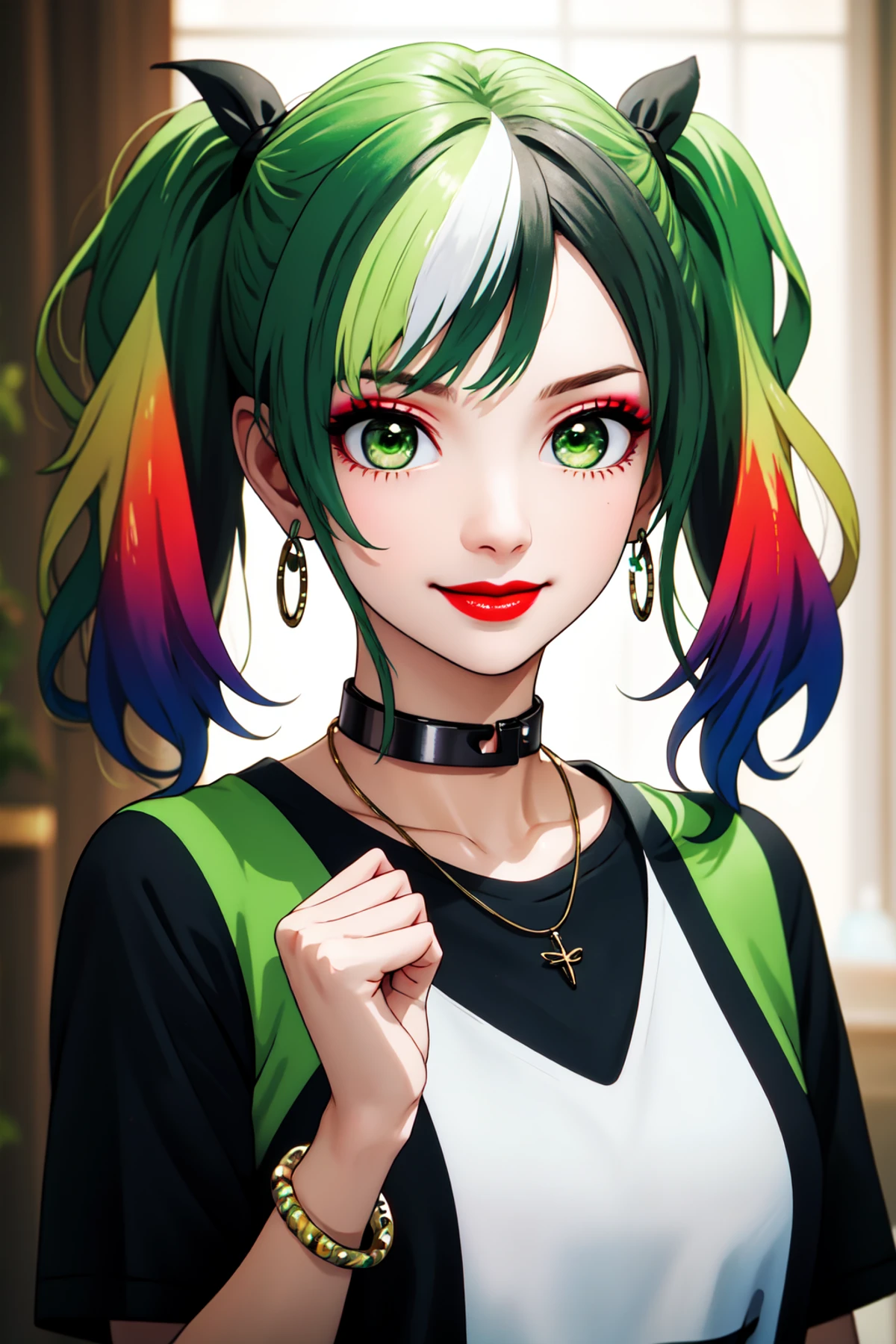 Niji Slime, 1girl, black shirt, blurry, blurry background, bracelet, choker, collar, earrings, fire, gradient hair, green eyes, green hair, hand up, jewelry, lips, lipstick, looking at viewer, makeup, multicolored hair, necklace, nose, red hair, red lips, shirt, smile, solo, twintails, two-tone hair, upper body <lora:NijiSlimeV2:0.5>