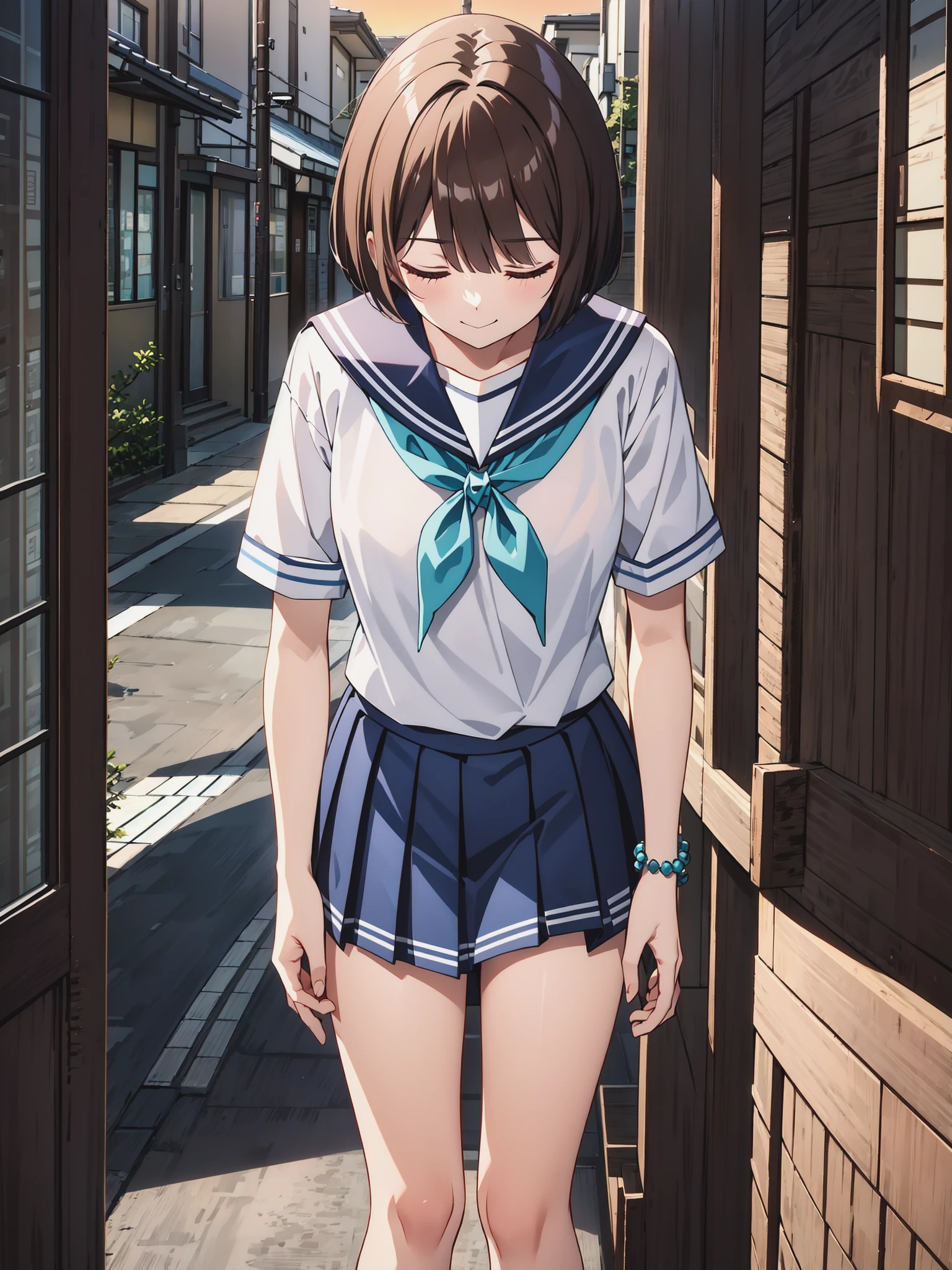 anime, 1girl, kawaii, cute, (solo:1.5), (cowboy shot:1.7), (bowing:1.6), (leaning forward:1.2), (arms at sides:1.4), medium breasts, intricate (dark brown hair:1.2), (closed eyes:1.3), (bob cut:1.5), (left swept bangs:1.15), futuristic (black bracelet) on right wrist, (lipgloss:-1.4), toned, (curteous, polite, respectful:1.3), light smile, (legs together:1.2)
BREAK
(white sailor shirt:1.2), (dark blue pleated skirt:1.2), (dark blue sailor collar:1.2), (aqua neckerchief:1.25), short sleeves, detailed ultra street in a suburb of Tokyo, narrow street, detached house, sign, (dusk:1.2), (sunset:1.05), (outdoors:1.2), dynamic angle,