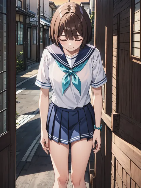 anime, 1girl, kawaii, cute, (solo:1.5), (cowboy shot:1.7), (bowing:1.6), (leaning forward:1.2),  (arms at sides:1.4), medium breasts, intricate (dark brown hair:1.2), (closed eyes:1.3), (bob cut:1.5), (left swept bangs:1.15),  futuristic (black bracelet) on right wrist,  (lipgloss:-1.4), toned, (curteous, polite, respectful:1.3), light smile, (legs together:1.2)
BREAK 
(white sailor shirt:1.2), (dark blue pleated skirt:1.2), (dark blue sailor collar:1.2), (aqua neckerchief:1.25), short sleeves,  detailed ultra street in a suburb of Tokyo, narrow street, detached house,  sign, (dusk:1.2), (sunset:1.05), (outdoors:1.2), dynamic angle,