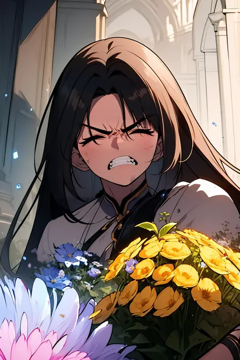 masterpiece, best quality, 1girl, solo, long hair, flower, clenched teeth, glowing, teeth, closed eyes, aura, angry <lora:Solo_Max-Level_Newbe_Style:1>