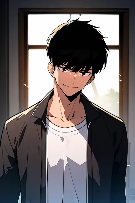 masterpiece, best quality, 1boy, male focus, black hair, solo, shirt, backlighting, white shirt, jacket, black eyes, upper body, smile, open jacket, open clothes, bangs, long sleeves, black jacket, closed mouth, collarbone <lora:Solo_Max-Level_Newbe_Style:0.8>