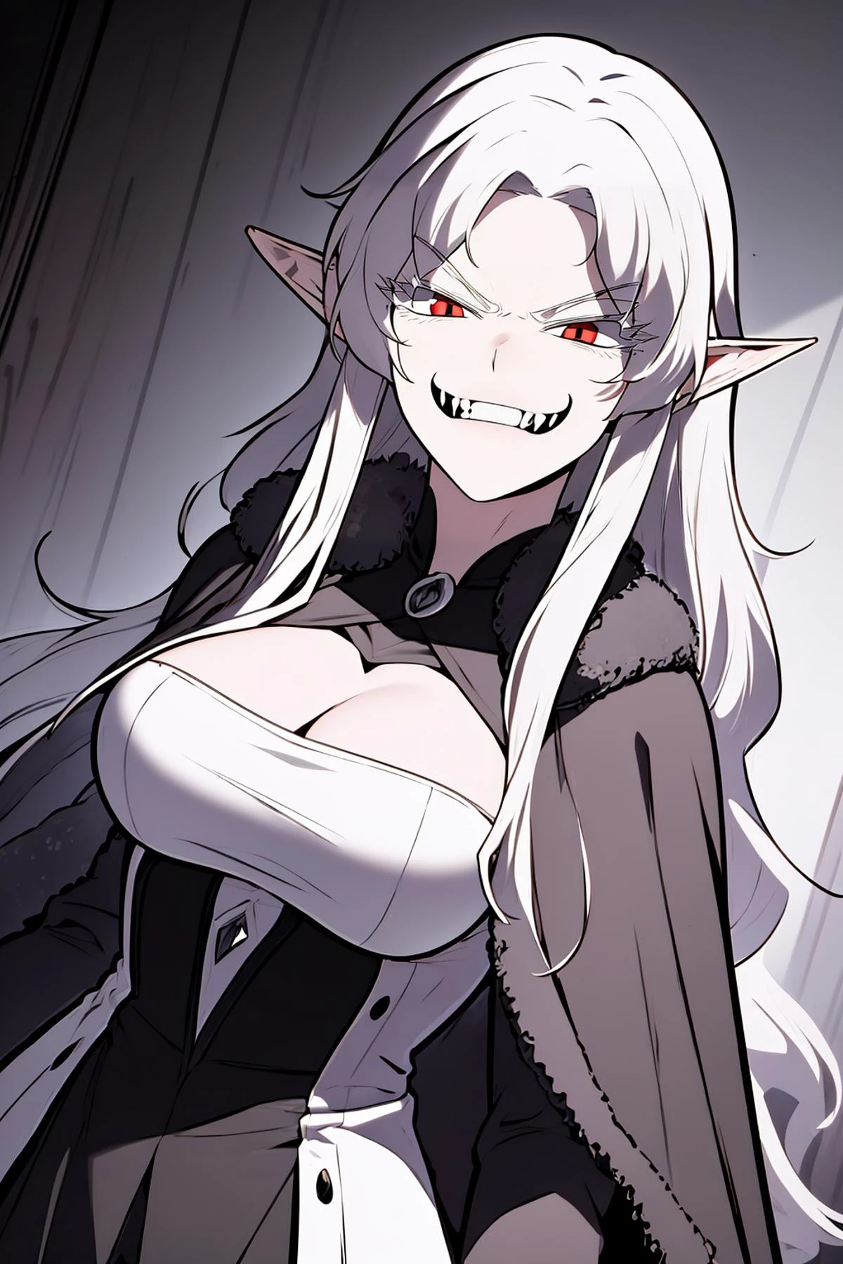 masterpiece, best quality, 1girl, solo, mature female, <lora:Ophelia_r1-000001:0.8> ophelia, white hair, long hair, smile, fangs, kneeling, dutch angle