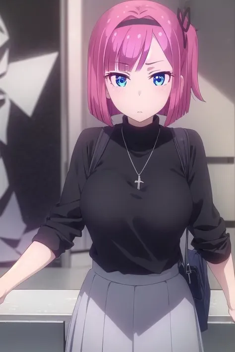 momijimochizuki, <lora:momiji mochizuki s2-lora-nochekaiser:1>,
momiji mochizuki, short hair, blue eyes, ribbon, hair ribbon, pink hair, side ponytail, one side up,
BREAK skirt, shirt, jewelry, necklace, sweater, turtleneck, black sweater, plaid skirt, grey skirt, short sleeves,
BREAK indoors, office,
BREAK looking at viewer, (cowboy shot:1.5),
BREAK <lyco:GoodHands-beta2:1>, (masterpiece:1.2), best quality, high resolution, unity 8k wallpaper, (illustration:0.8), (beautiful detailed eyes:1.6), extremely detailed face, perfect lighting, extremely detailed CG, (perfect hands, perfect anatomy),